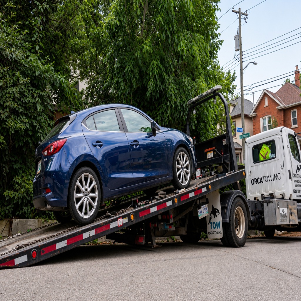 Tow truck hauling a blue sedan on a flatbed through a residential street.